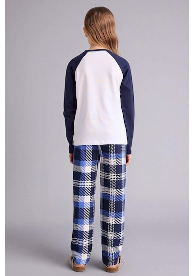 Defacto Kız Çocuk Pijama Takımı Baskılı Uzun Kollu Üst Kareli Uzun Alt F7288a825auwt79 Beyaz-wt79