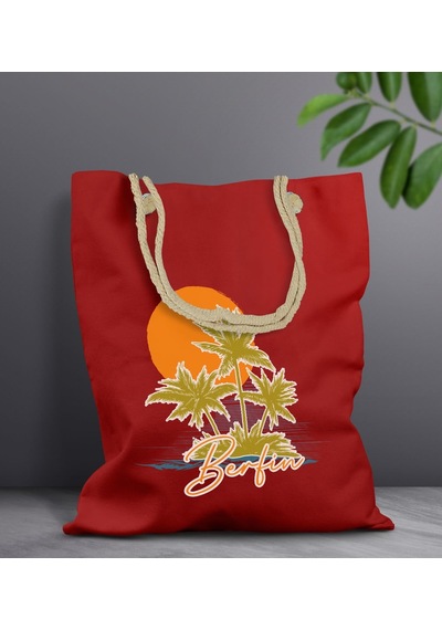 Bk Gift Kişiye Özel Yaz Temalı İsimli Kırmızı Halat Saplı Kumaş Plaj Çantası -2, Baskılı Omuz Çantası, Alışveriş Çantası, Arkadaşa Hediye, Sevgiliye H Haki