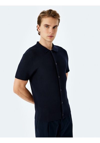 Koton Viskon Kısa Kollu Düğmeli Polo Yaka Triko Tişört Lacivert 5sam70014ht Lacivert