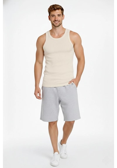 Novalisse Erkek Fitilli Atlet Sıfır Yaka Slim Fit Arka Baskılı Spor Atlet - Krem Çoklu Renk