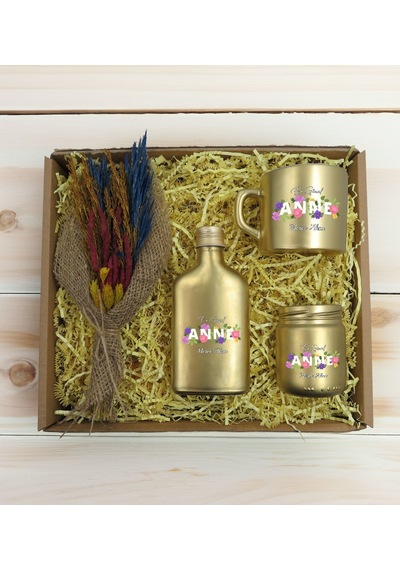 Bk Gift Kişiye Özel İsimli Dtf Anne Temalı Gold Kahve Fincanı & Kolonya & Mum & El Yapımı Kuru Çiçek Buketi Hediye Seti-3, Anneye Hediye, Anneler Günü