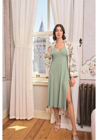 Civetta Herşeytrend Çiçek Ve Yaprak Desenli Dantelli Ve Dekolteli Sabahlık Takımı Yeşil