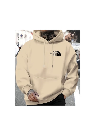 Herkesemoda Göğüs Baskı Yazı Detaylı İçi Polarlı Kapüşonlu Sweatshirt Bej