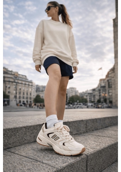 Muggo Shift Kadın Kalın Taban Bağcıklı Günlük Sneaker Spor Ayakkabı Bej