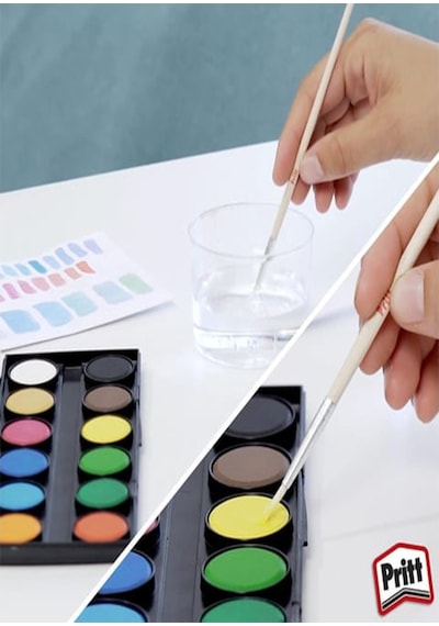 12 Renk Sulu Boya 1 Paket Fırça Hediyeli 12 Li Pritt Suluboya Canlı Renkler 28 Mm Boya Çapı Büyük Boy Çok Renkli