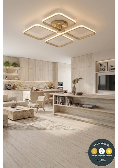 March Dekoratif Gold Plafonyer Led Avize-4'lü Geometrik Kare 3 Renk Yanma Özellikli