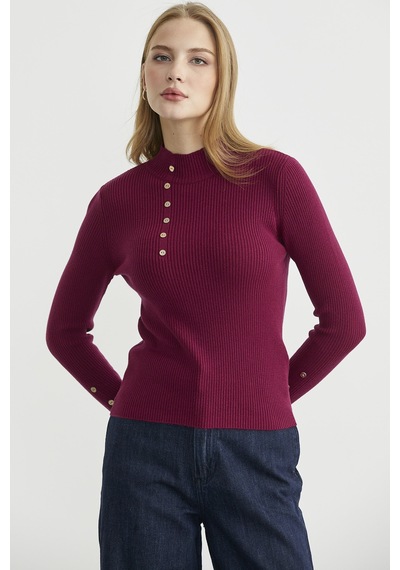 Sementa Fitilli Dik Yaka Basic Triko Kazak - Bordo Bordo