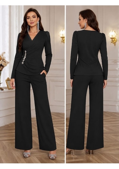 Butik İstanbul Kadın Uzun Kollu Kruvaze Yakalı Yan Tarafı Taşlı Ithal Krep Bluz Ve Pantolon Ikili Takım Siyah