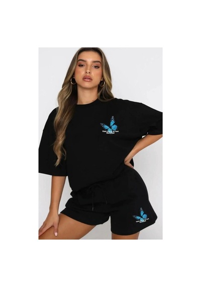 Zeo Giyim Kadın Alt Üst Siyah Kelebek Baskılı Şort Tshirt Kombini