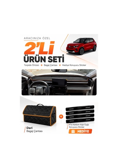 Cıtroen C3 Aırcross 2017-2021 Uyumlu Torpido Örtüsü + Deri Çanta + Sticker - Siyah Kahverengi