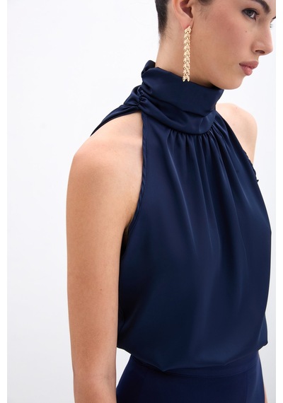 Sateen Desenli Kolsuz Bluz - Lacivert