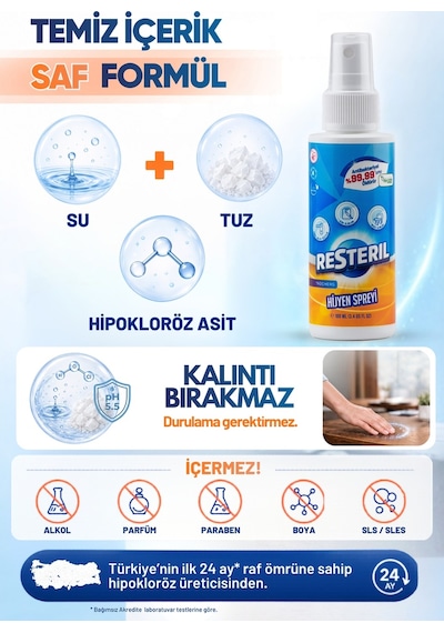 Resteril Alkolsüz Parfümsüz Hipokloröz Asit Koku Giderici Çok Amaçlı Hijyen Spreyi Seyahat Boy 100 ML