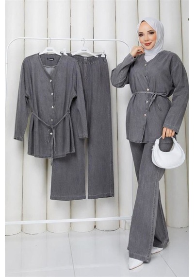 Neşeli Butik Kadın Gri Düğmeli Kuşak Detaylı İkili Kot Tesettür Takım Nbft010