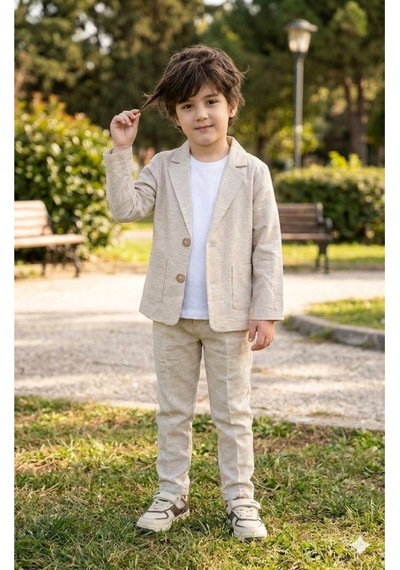 Baby Kids Colors Bej Renkli Çocuk Takım Elbise - Ceket, Pantolon Ve Basic Tişört Şık Ve Rahat