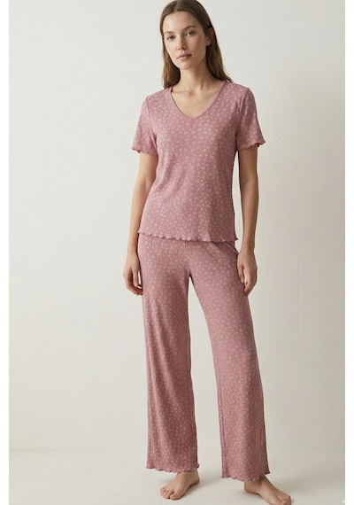 Elemge Kadın Bambu Pamuk Pijama Takımı Gül Kurusu Fitilli Regular Fit Alt & Üst İnce Kısa Kol Lastkli Esnek