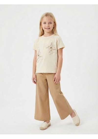 Zekids Kız Çocuk Bol Paça Modal Kumaş Tasarım Pantolon-17149 Bej