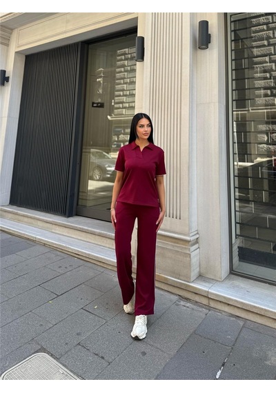 WeShaya Bordo Polyester Keten Polo Yaka Takım Bordo