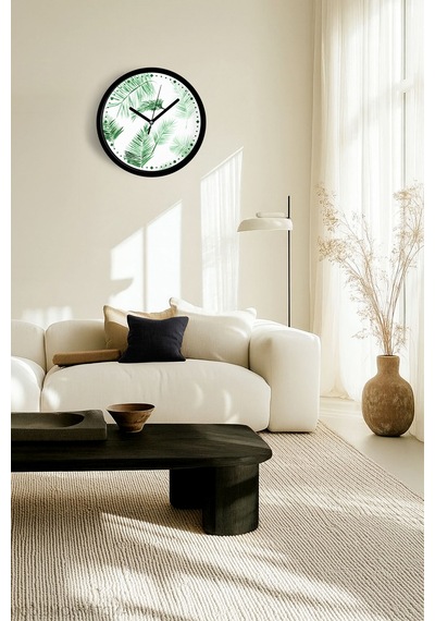 Tropikal Yaprak Desenli Modern Duvar Saati - 30cm - Önü Camlı Siyah Kasa - Sessiz Mekanizma-jh0604 Siyah