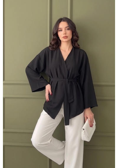 Koyu Siyah Kadın Kuşaklı Kimono 1177