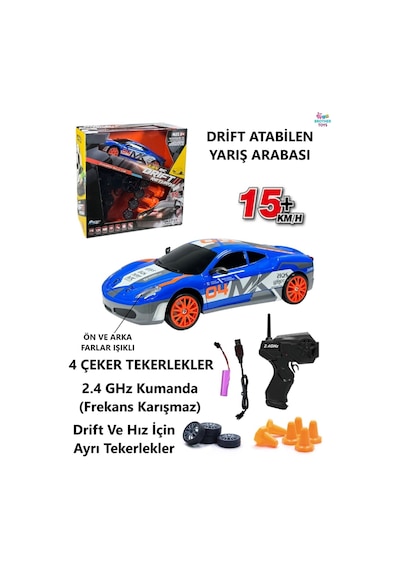 15 Km/h Hız Yarış Arabası Şarjlı 2.4 Ghz Uzaktan Kumandalı Drift Araba Mavi