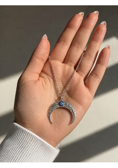 Nazar Boncuklu Hilal Figürlü Çelik Kolye Gümüş Renk 60 Cm Unisex Çok renkli