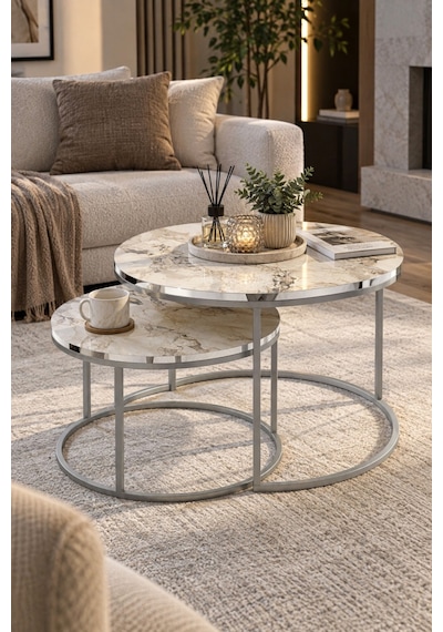 Sulorahome Gümüş Metal Ayaklı Mermer Desenli 2'li Orta Sehpa Seti Beyaz Mermer - Gümüş Metal Sulorahome Gümüş Metal Ayaklı Mermer Desenli 2'li Orta Sehpa Seti Beyaz Mermer - Gümüş Metal