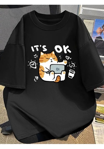 Tarzsokak It's Ok Cute Cute Cate Oversize Unisex Siyah