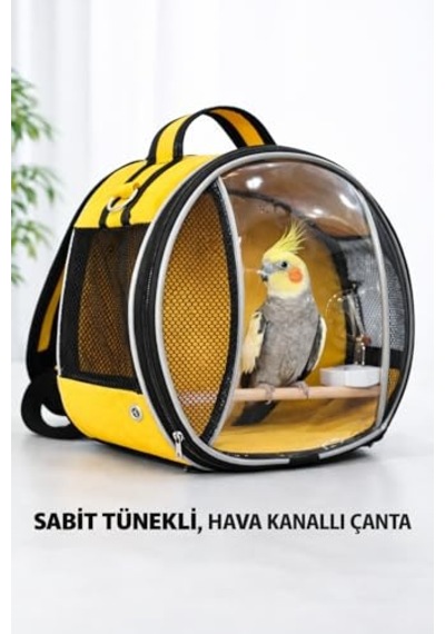 Sırta Asılan Suluklu Kuş Taşıma Çantası Sabit Tünekli Her Kuş İçin Uygun Dev Boy Sarı