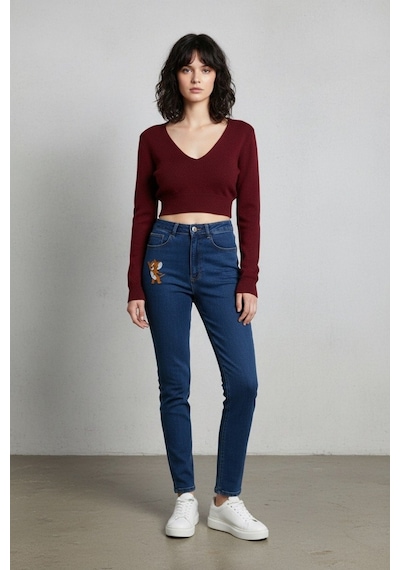 Kene Jeans Kadın Lacivert Tom Jerry Nakışlı Mom Pantolon Lacivert
