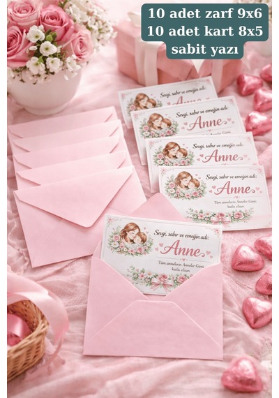 Anneler Günü Zarflı Hediye Kartı Anne Temalı Mesaj Kartı Özel Tasarım Paketleme Kartı 10 Adet