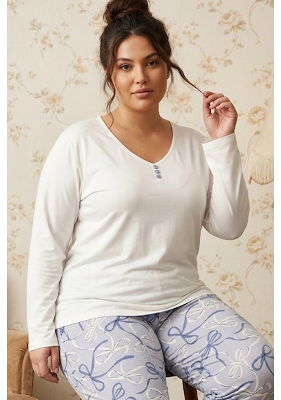 Siyah İnci Desenli Düğmeli Büyük Beden Battal Boy Viskon Örme Pijama Takım 26224838 Ekru
