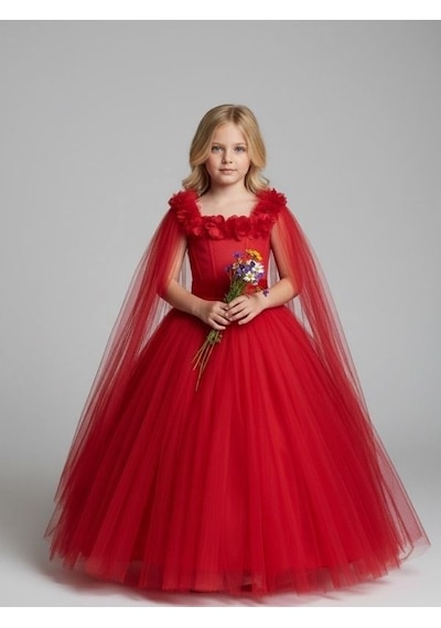 Zekids Kız Çocuk Kol Detaylı Prenses Model Abiye Elbise-17245 Kırmızı
