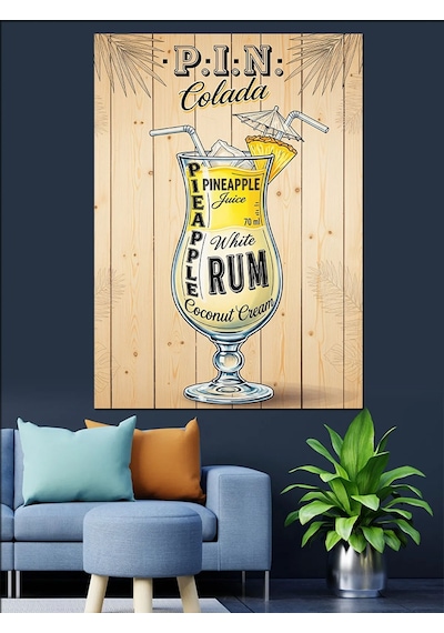 Ahşap Tablo Pina Colada Rom Kokteyli Afişi