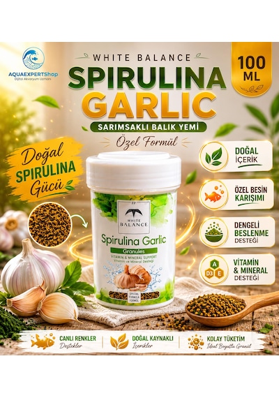 White Balance Spirulina Garlic Granül Balık Yemi - Sarımsak Ve Spirulina İçerikli Özel Formül - Premium Balık Yemi - 100 Ml