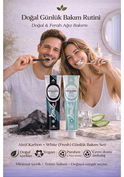 Ben & Anna Aktif Karbon + White Fresh Diş Macunu 2 Li Set Vegan, Doğal, 75 Ml Diş Minesi Bakımı