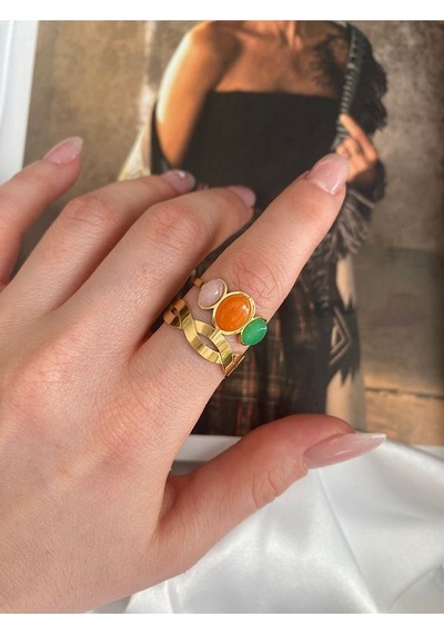 Vintage Renkli Oval Taşlı Çelik Kararmaz Ayarlanabilir Gold Yüzük