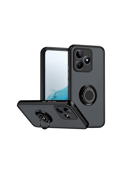 Realme C51 Uyumlu Kılıf Yüzüklü Standlı Extra Darbe Koruma Sert Silikon Kapak - Siyah