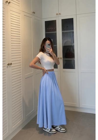 Kadın Mavi Poplin Kumaş Uzun Etek Beli Lastikli Günlük Maxi Etek 90 Cm Glmd-007-mv