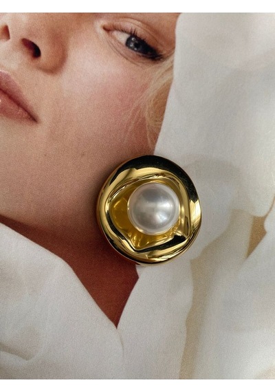Pinery Jewels Top İncili Yuvarlak Paslanmaz Çelik Kadın Küpe Çifti Altın