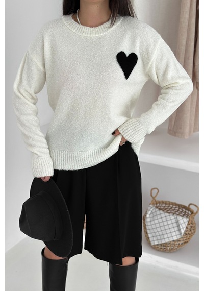 Noa & Noa Kadın Kalpli Kalın Triko Kazak Oversize & Minimal Romantik Stil Beyaz