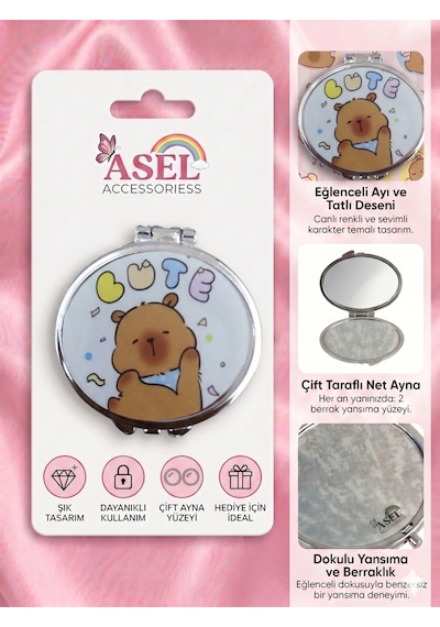Sevimli Karakter Ve Unicorn Tasarımlı Çift Taraflı Katlanabilir Metal Cep Aynası - 9 Farklı Model Diğer
