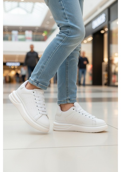 Beyaz Bağcıklı Cilt Hafifi Unisex Sneaker 628 G Beyaz