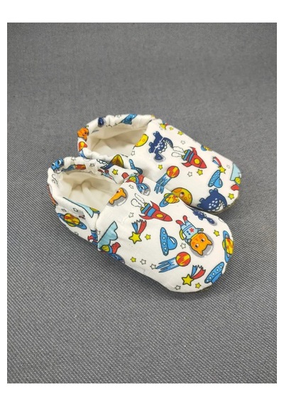 Loove Bebe Bebek Patik Ev Kreş Ayakkabısı Lastikli Ergonomik Tasarım Desenli Uzay Beyaz