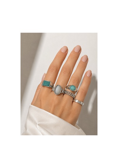 Tulive Silver 5 Li Metal Taşlı Yüzük Seti Parlak Kombin