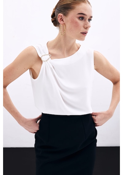 Sateen Tek Omuz Detaylı Bluz - Ekru-135905 Ekru