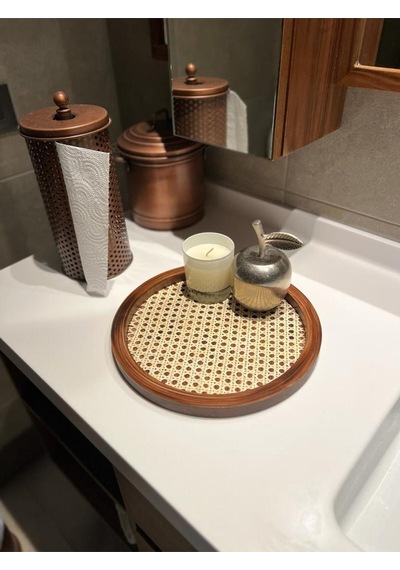 Rattan Hazeran Yuvarlak Tepsi Eskitme %100 Doğal Hazeran