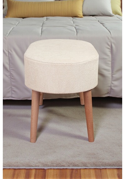 Ahşap Ayaklı Oval Puf Bench Geniş Oturum Alanlı Puf Sandalye - Krem - 60x40 Cm Krem