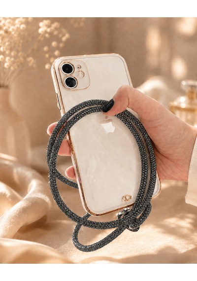 Koyu Gri Taşlı Telefon Boyun Askısı Kristal Taşlı Şık Boyun Askısı