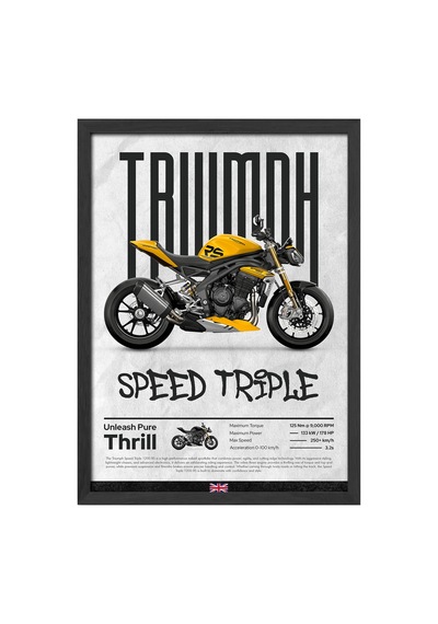 Truimph Speed Triple Siyah Ahşap Çerçeveli Poster, Dekoratif Motosiklet Duvar Tablosu