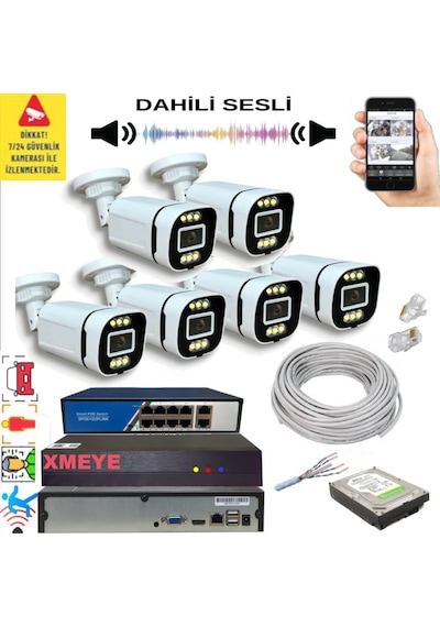 6 Lı Yapay Zeka Destekli 5 Mp Görüntü Poe Bağlantılı Sesli 6 Warm Led Gece Renkli Ip Kamera Seti 4386ws